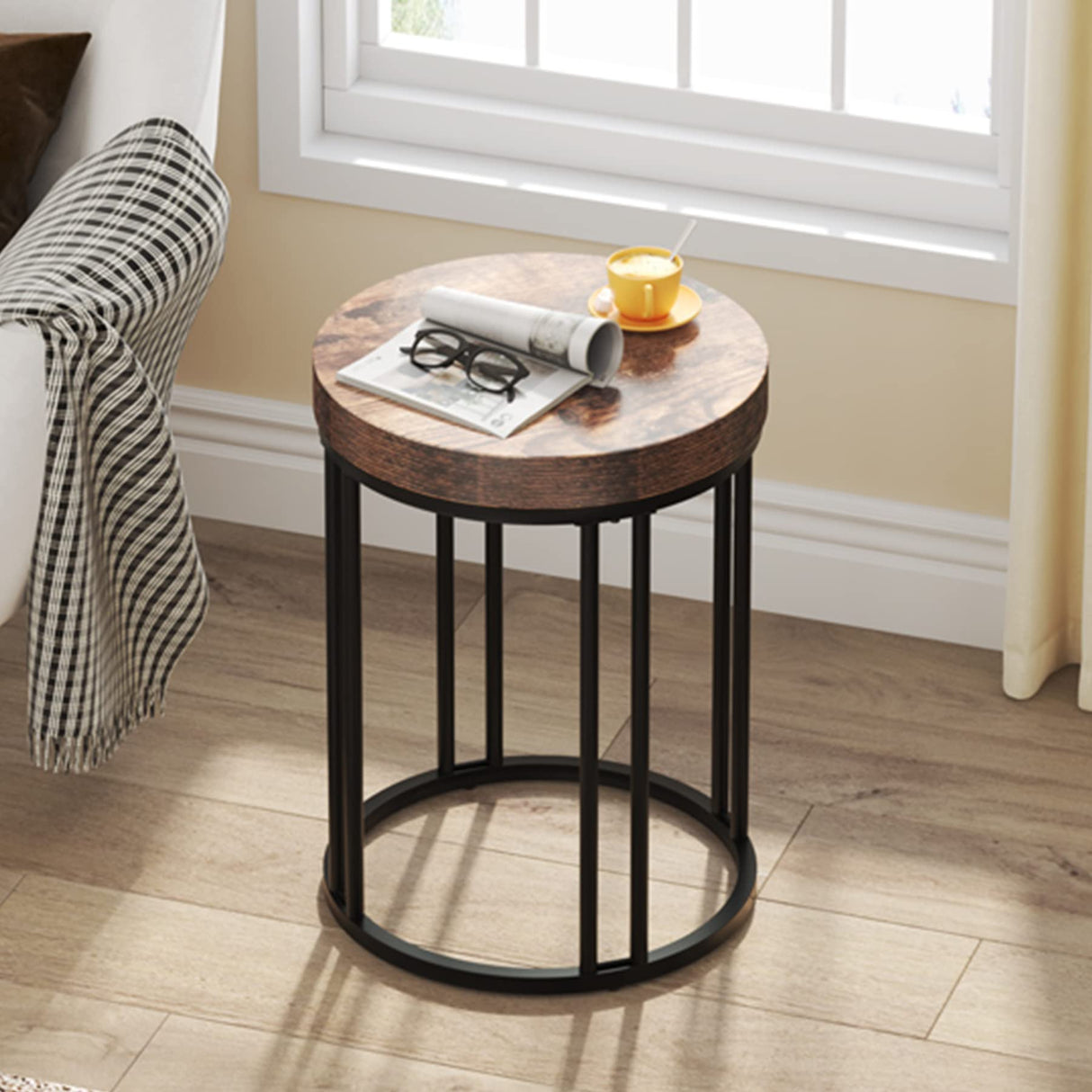 Round End Table, Industrial Side Table Small Accent Table, Metal Circle C Table