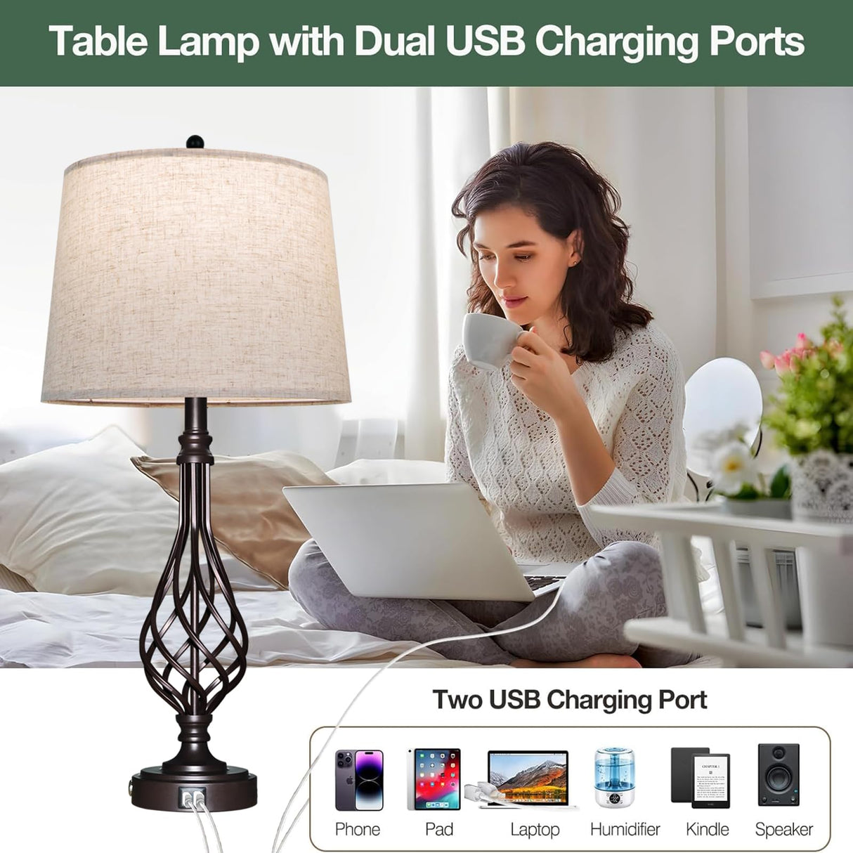 Table Lamps Living Room Lamps Set 2 with Dual USB Charging Port 3 Way Dimmable