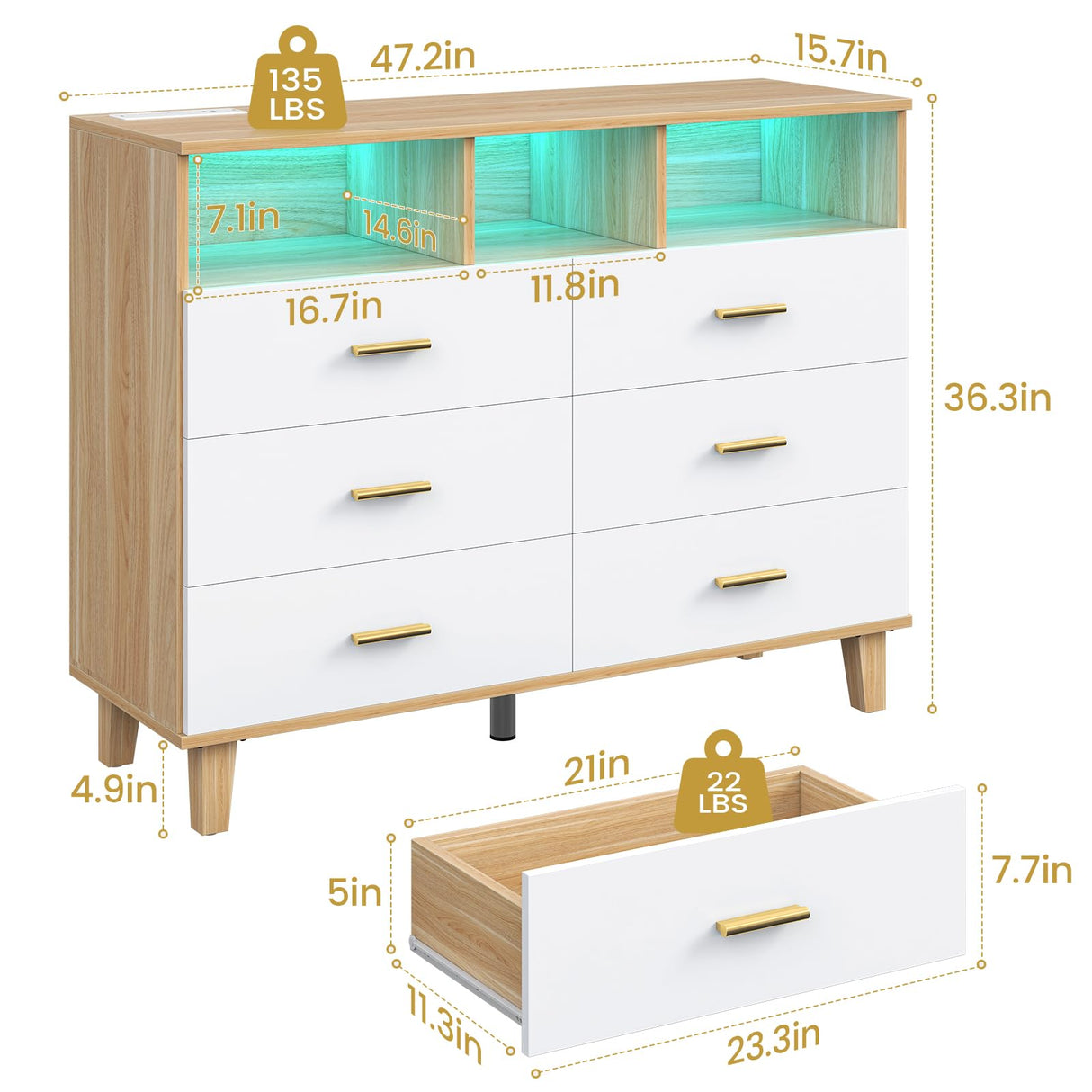 Dresser for Bedroom,White 6 Drawer Dresser with LED Light and Power Outlet