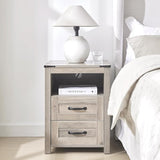 Rustic Wood End Table,White nightstand with Charging Station,Side Table with 2 Drawers