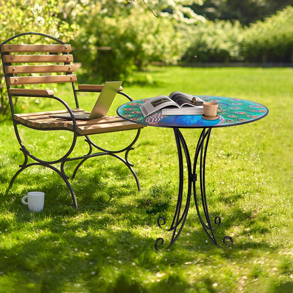 Outdoor Side Table,18 Inch Metal Accent Table, Peacock Round End Tables