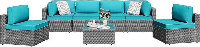 7 Pieces Outdoor Patio Sectional Sofa Couch, Silver Gray PE Wicker Furniture Conversation Sets