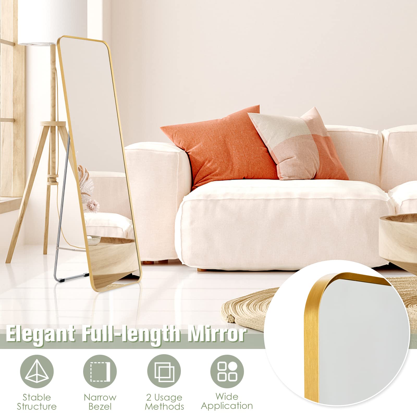 Full Length Wall Mounted Mirror w/Stand, Gold Steel Frame Floor Mirror with Explosion