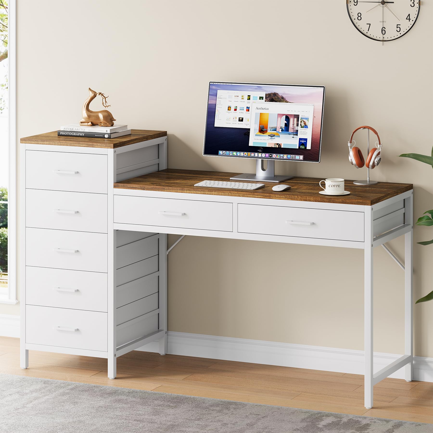 Computer Desk with Reversible Drawer, 55 inch Home Office Desks with 7 Drawers,