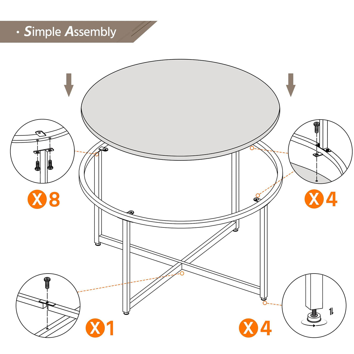 Faux Marble Coffee Table, Modern Round Accent Table with X-Base & Metal Frame,