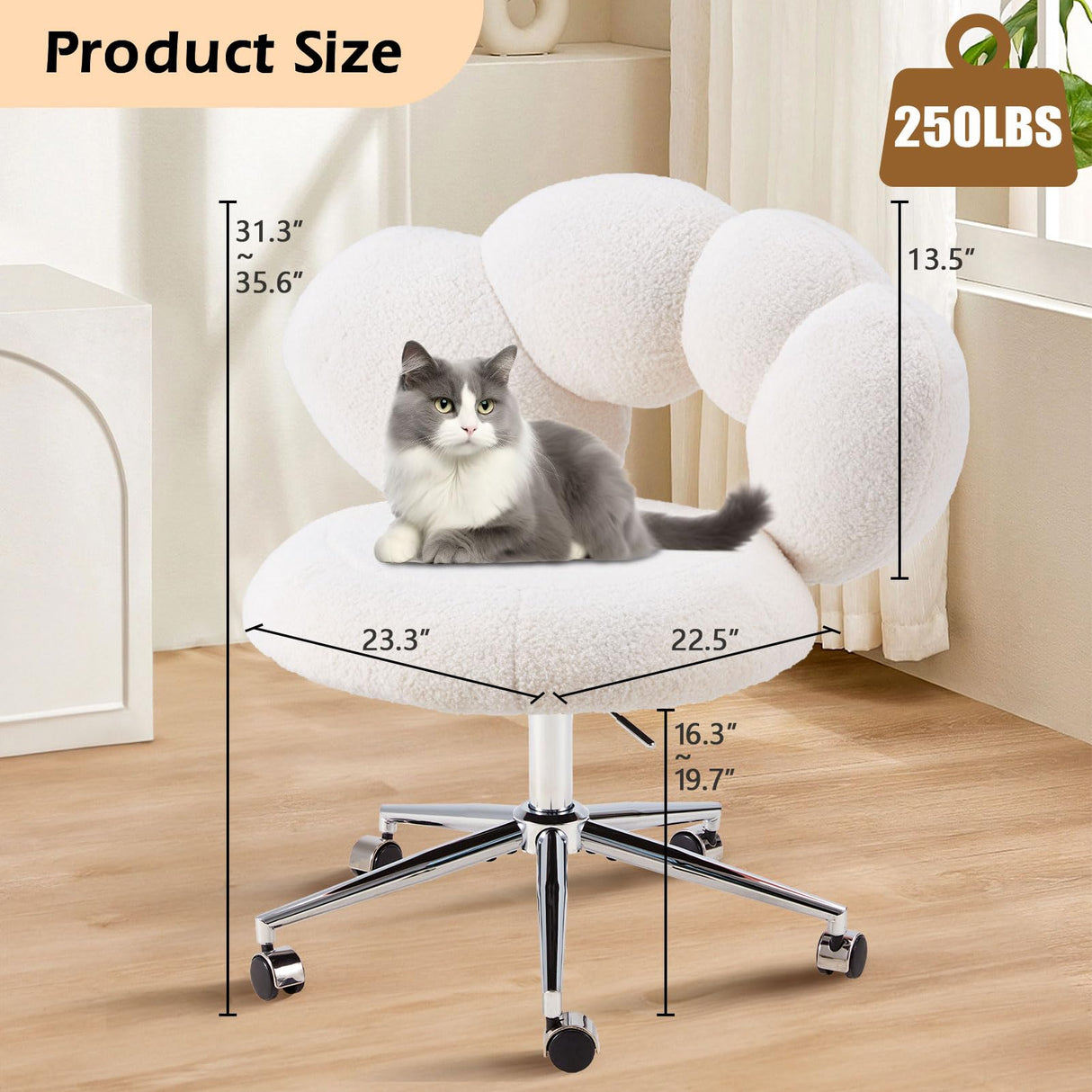 Armless Desk Chair Teddy Fabric Makeup Vanity Chair with Wheels & Adjustable Height Cute Office Chair Criss Cross Cross