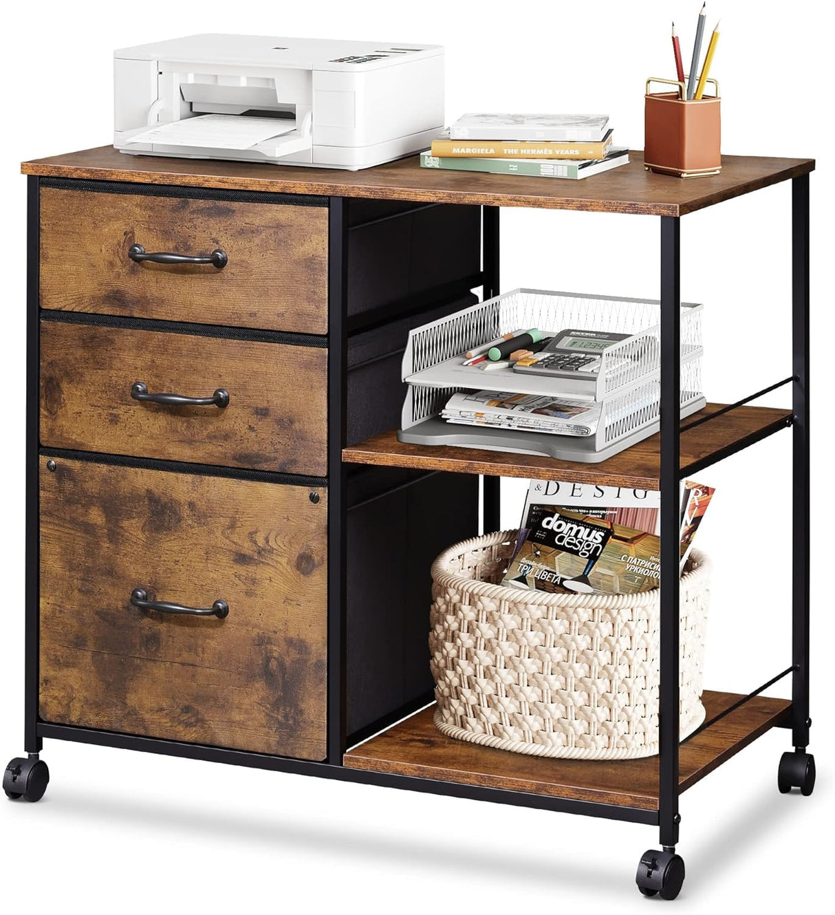 3 Drawer Mobile File Cabinet, Rolling Printer Stand with Open Storage Shelf