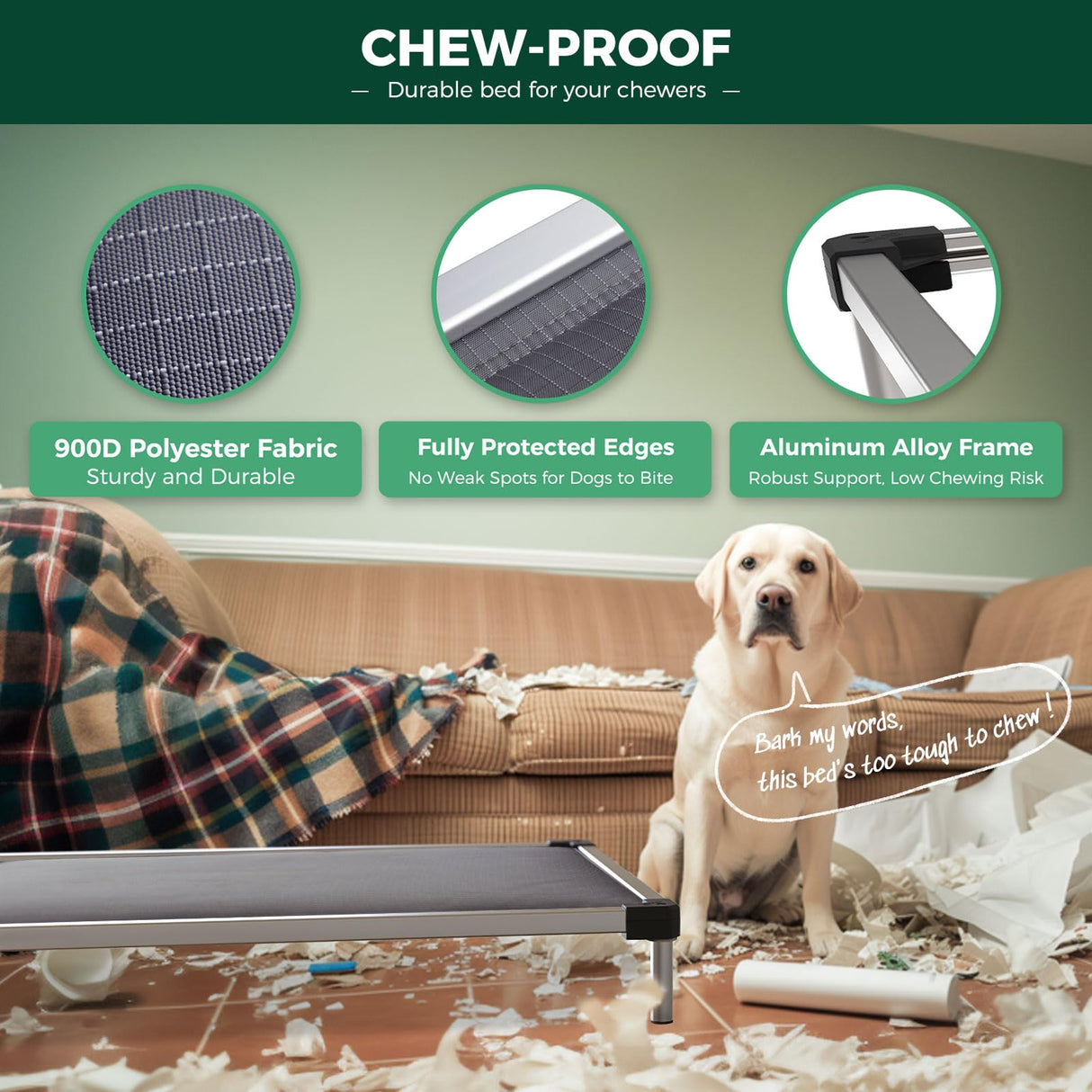 Chew Proof Elevated Dog Bed for Chewers, Dog Cot for Outdoor & Indoor, Padded, 58inch