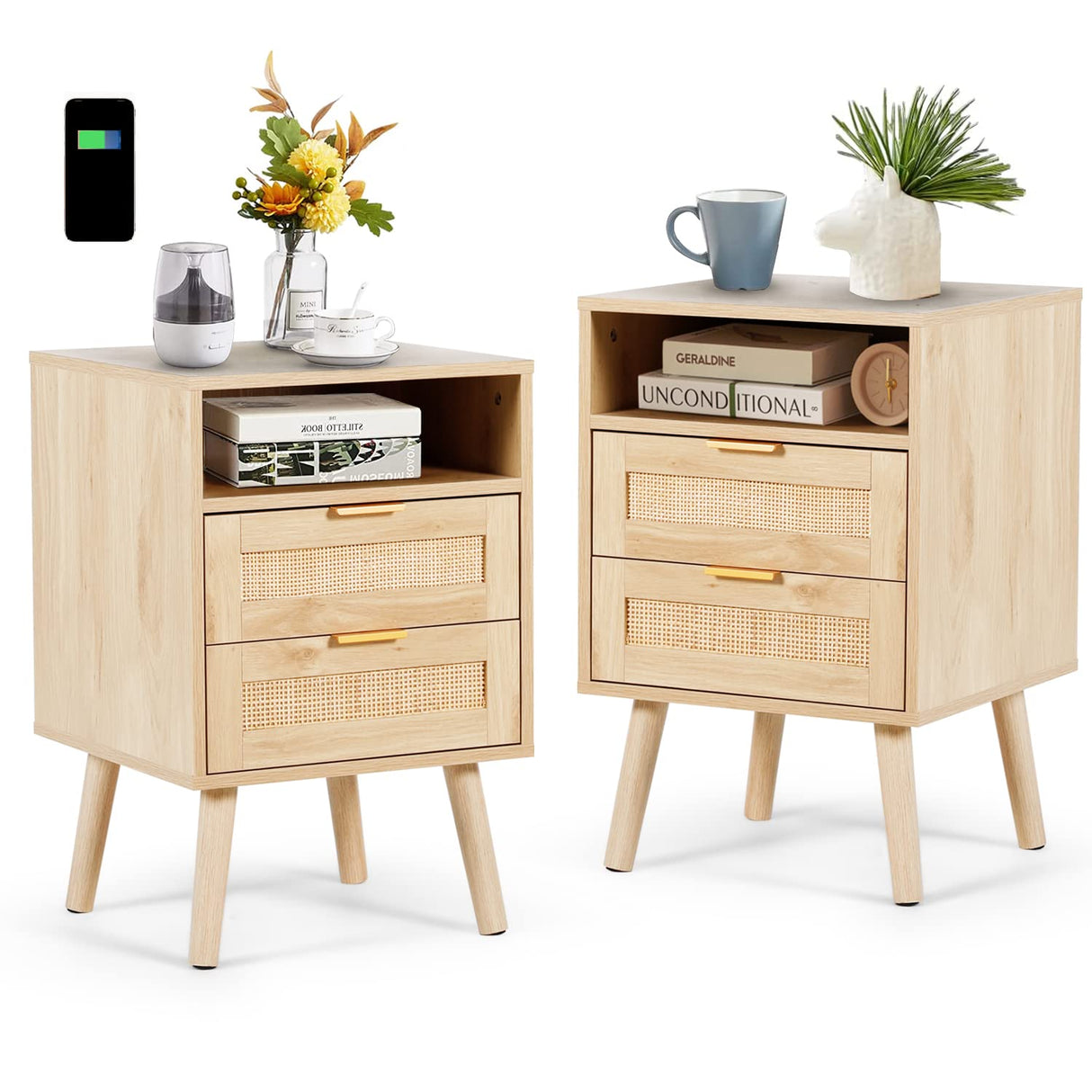 Rattan Nightstands Set of 2 with Wireless Charging Station Modern Bedside Tables with