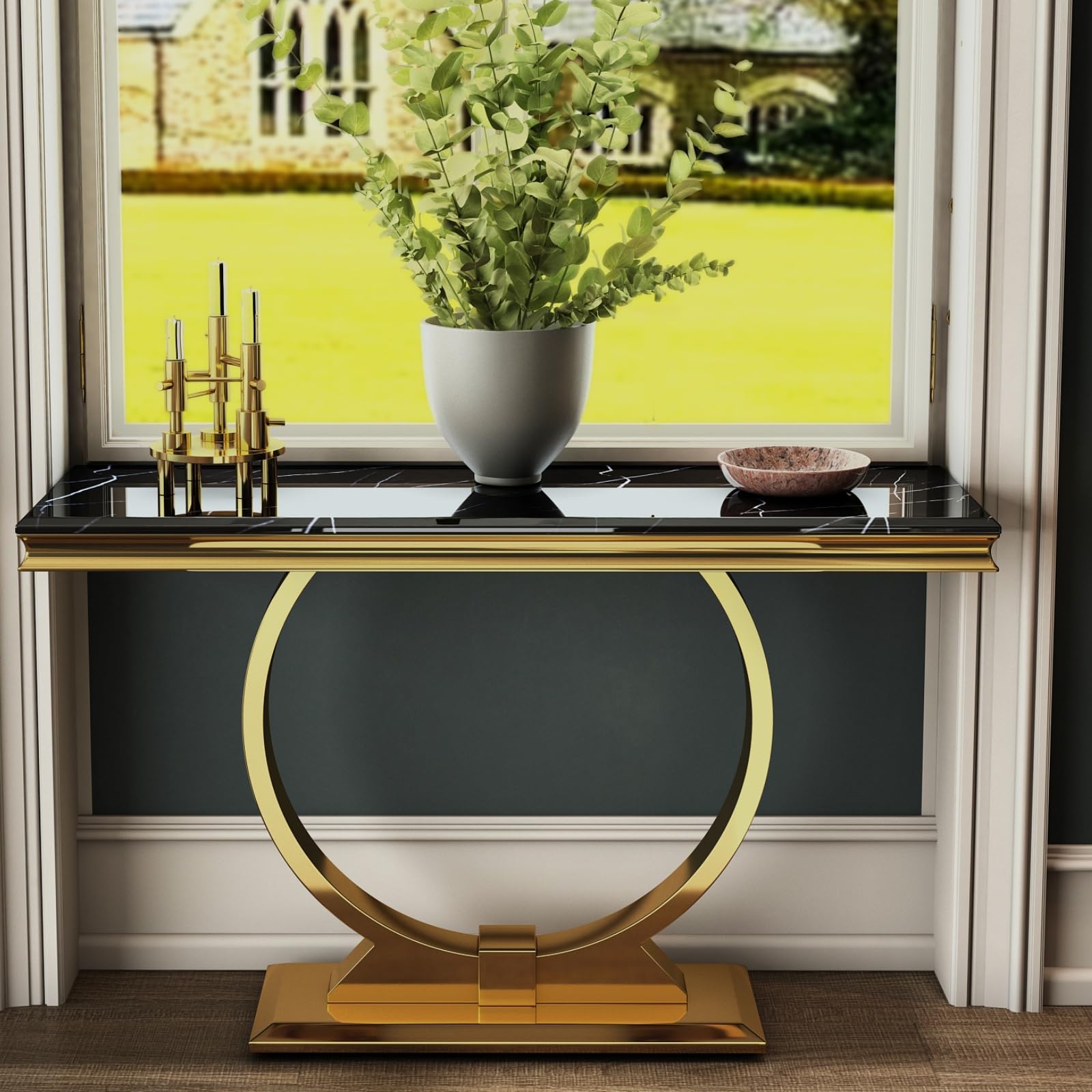 Black Gold Console Table, 50" Black Entrance Table with Gold U Shaped Base
