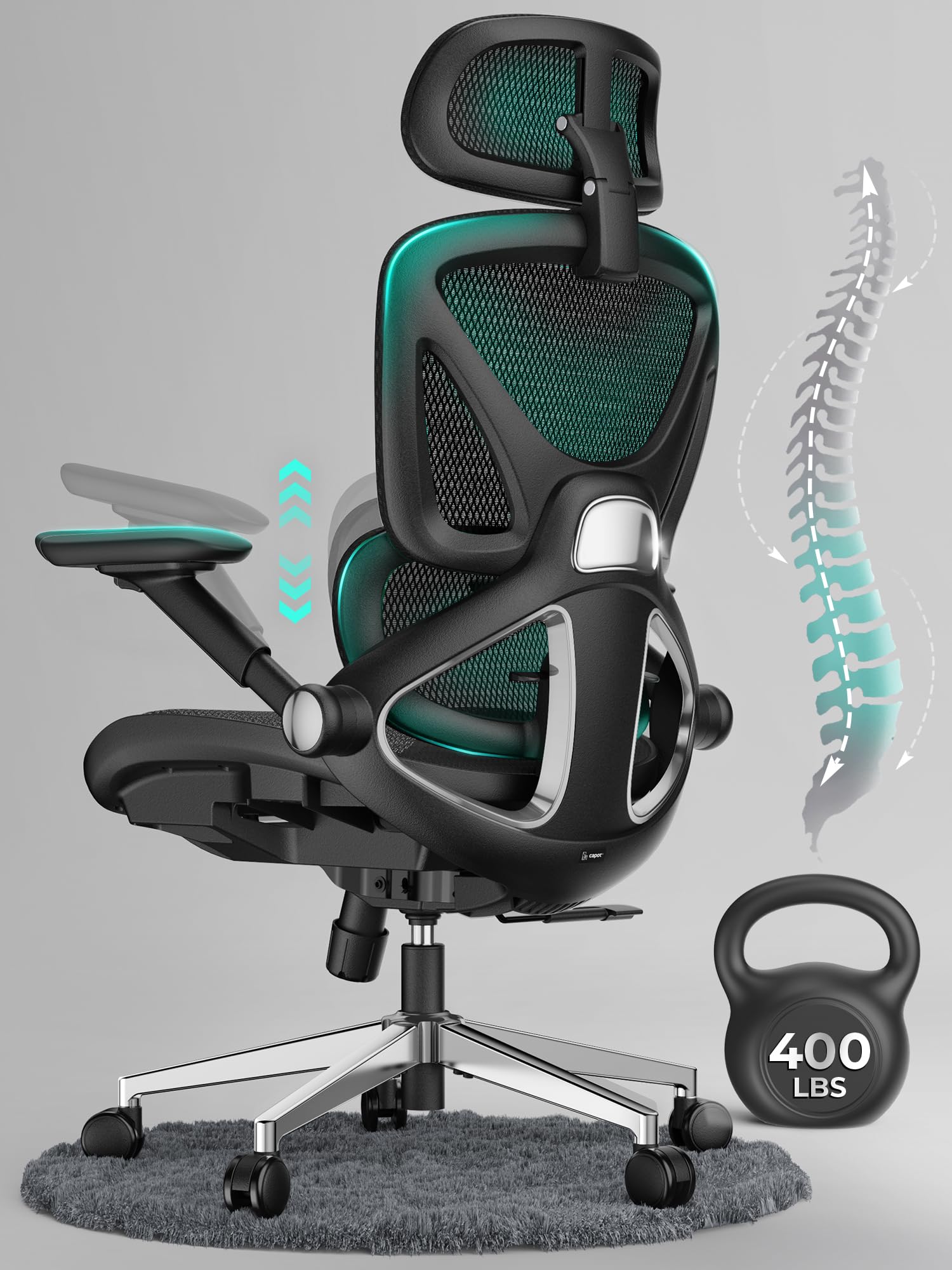 CAPOT Ergonomic Mesh Office Chair, Adjustable Lumbar High Back Desk Chair 400lbs, 4D Flip-up Arms, 3-Level Tilt Backrest, 3D Headrest, PU Wheels, Swivel Rolling Computer Seating for Long Desk Work