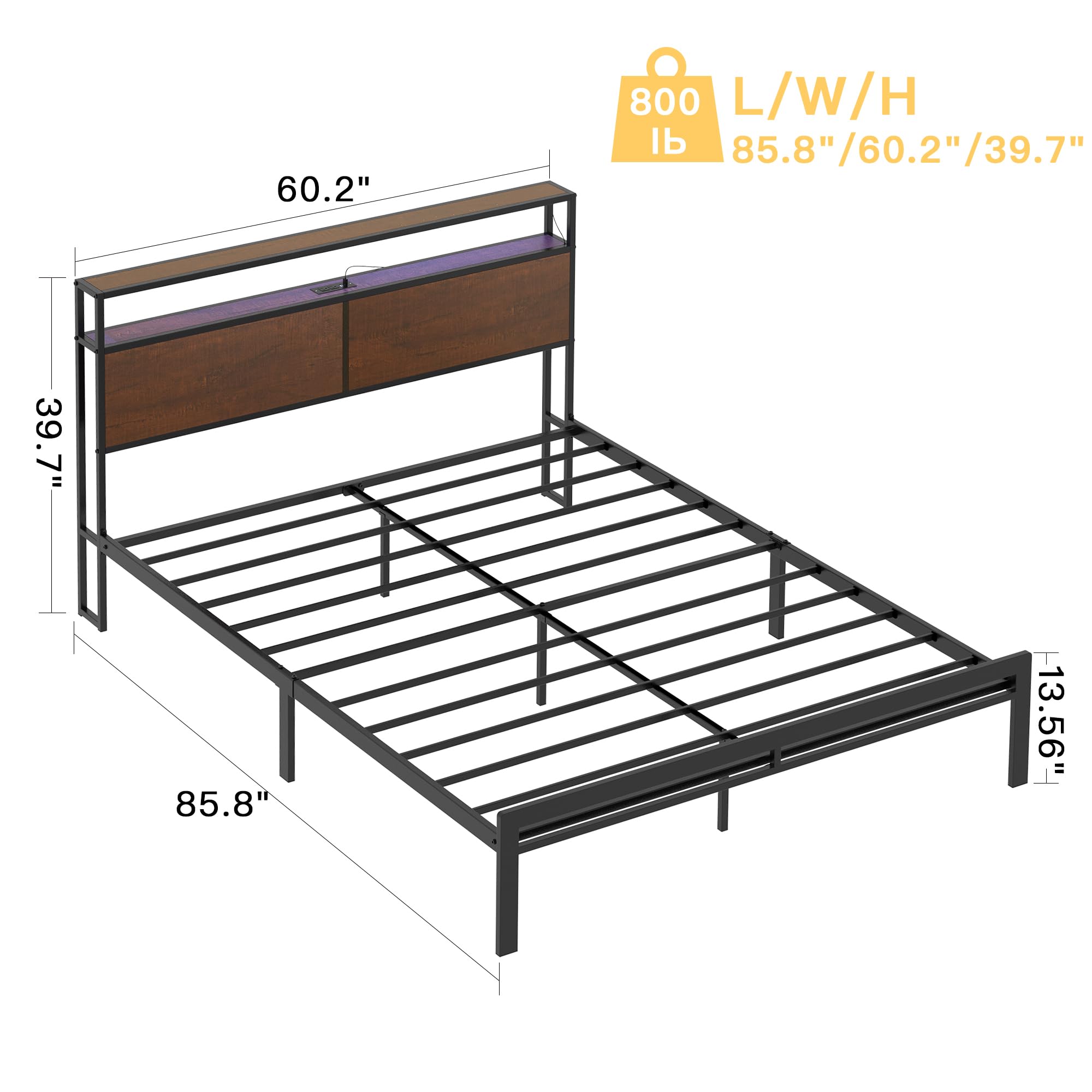 HAUSOURCE Queen Bed Frame with Storage Headboard LED Lights Metal Platform Non-Slip Without Noise Mattress Foundation Strong Metal Slats Support No Box Spring Needed
