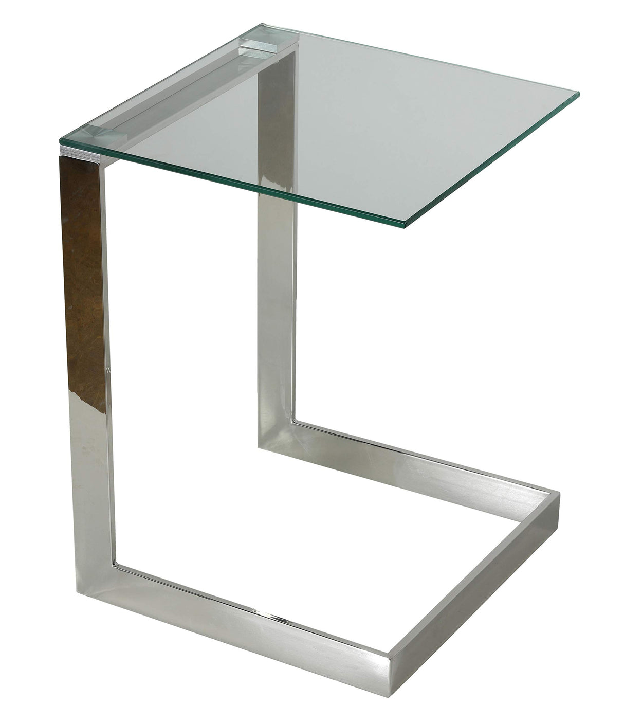 Zulu C Shape End Table, 22" High, Stainless Steel with Glass Top,Silver