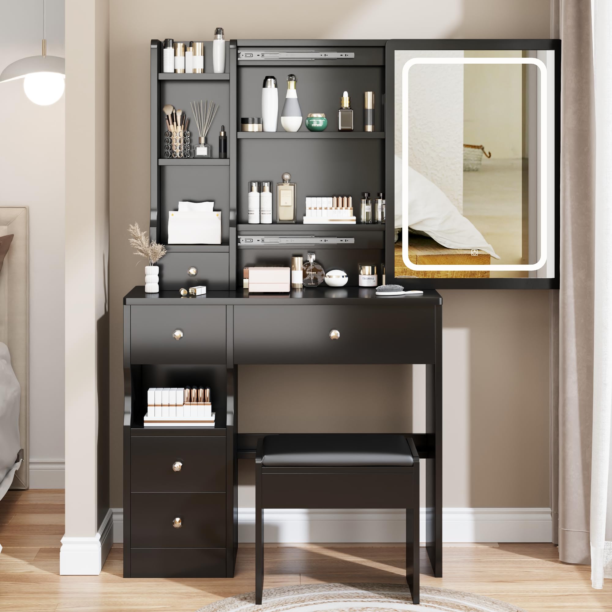 Desk with Sliding Mirror and Lights, Small Vanity Table with 5 Drawers & Cushioned Stool,