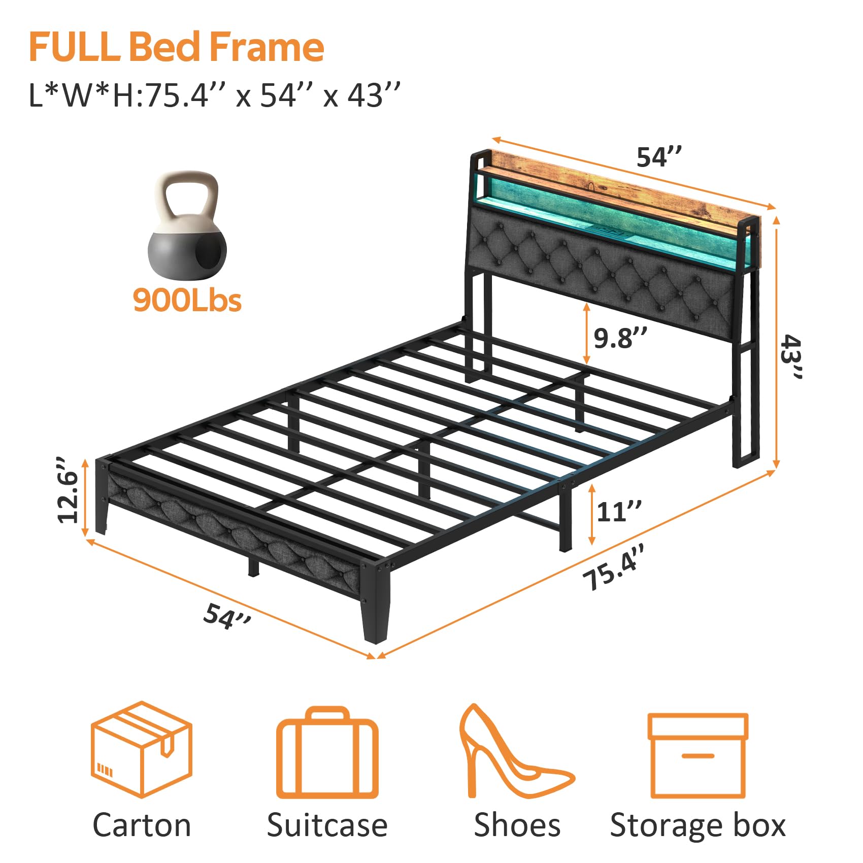 Full Bed Frame with Ergonomic Headboard, Platform Bed Frame with RGB Lights