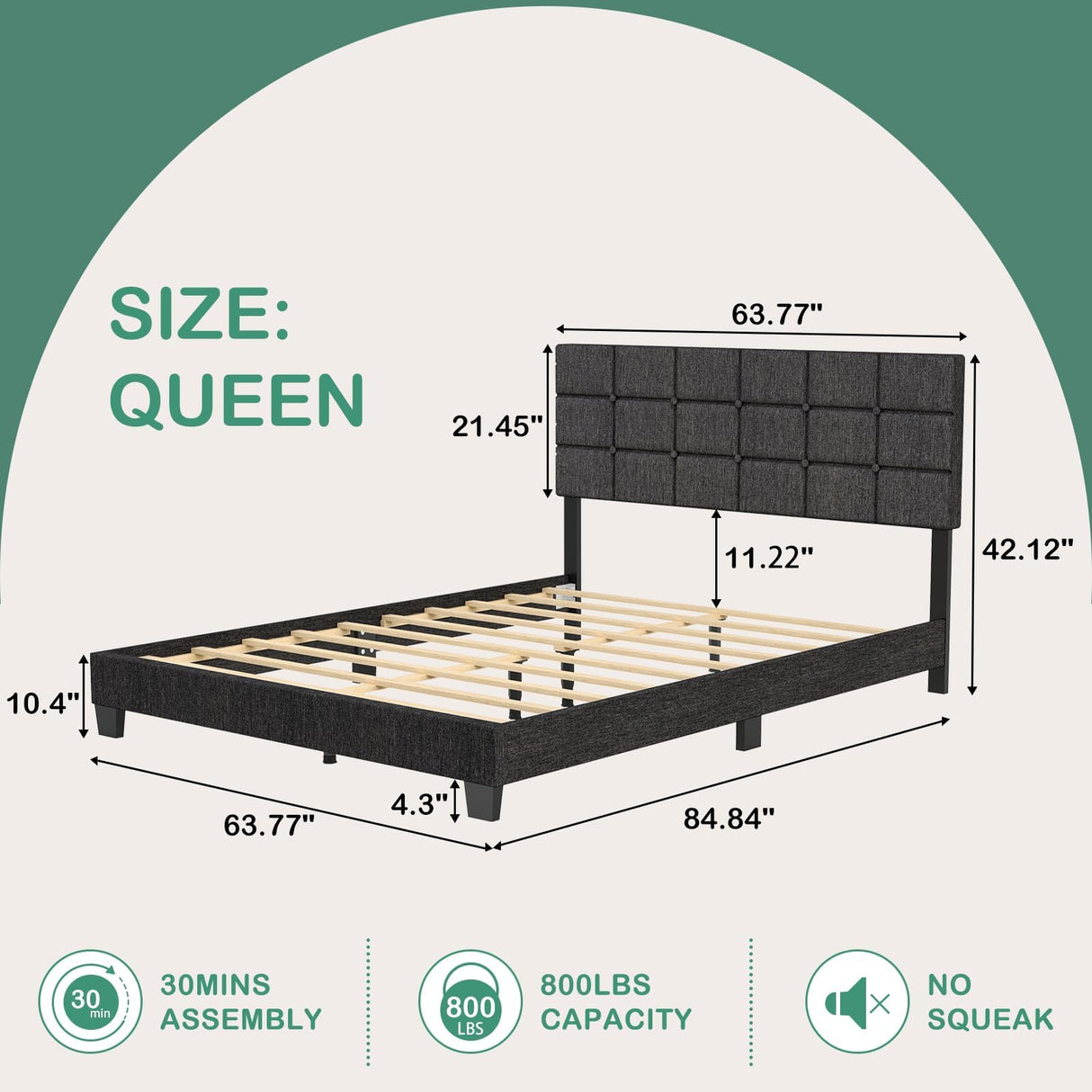 xiweot Queen Size Bed Frames with Headboard, Linen Upholstered Platform Bed Frame with Slats Support, Queen Bed Frame with Adjustable Headboard, Queen Bed Frame No Box Spring Needed(GreyCheckerboard)