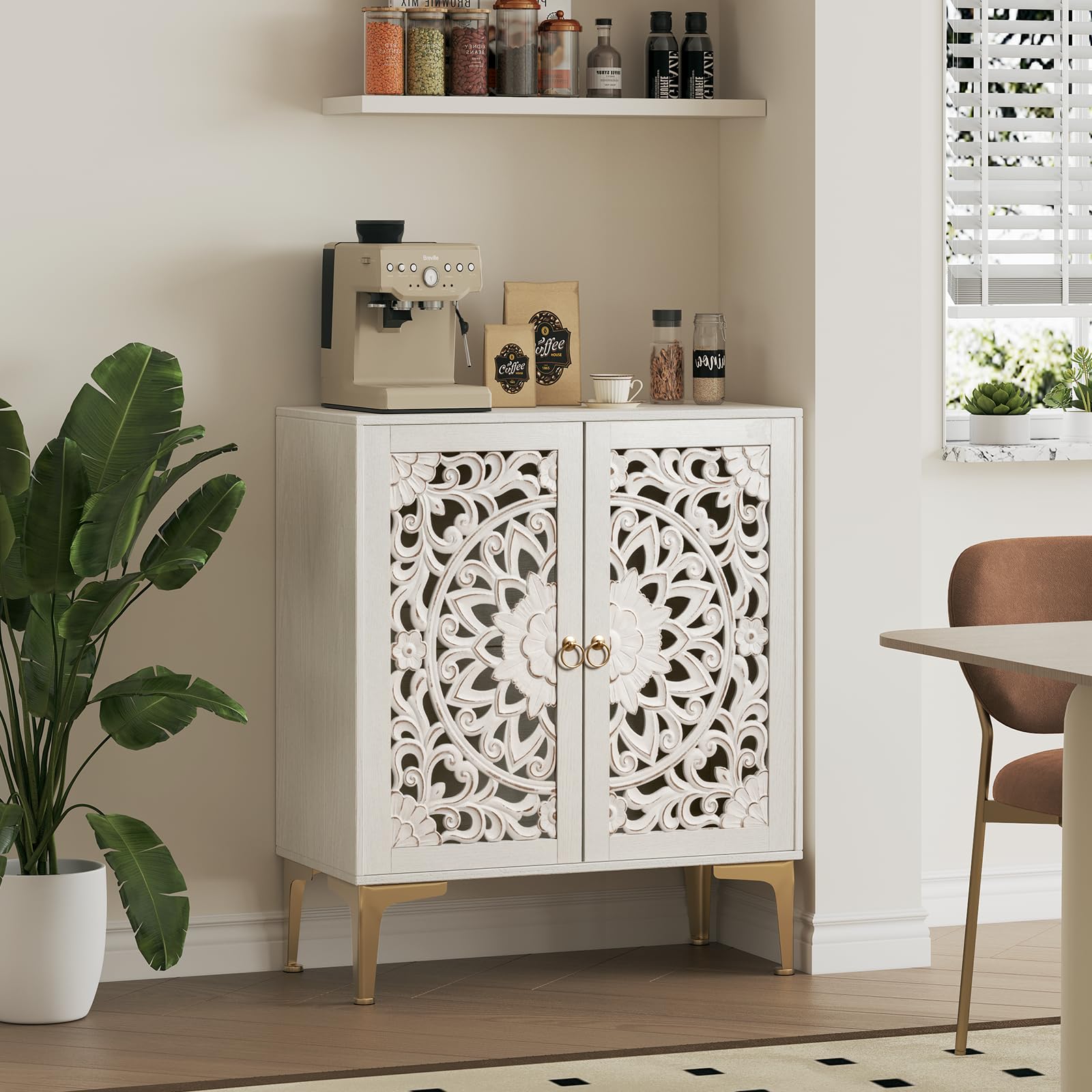 Vintage White Accent Cabinet with Carved Doors & Gold Legs – Decorative Storage Sideboard