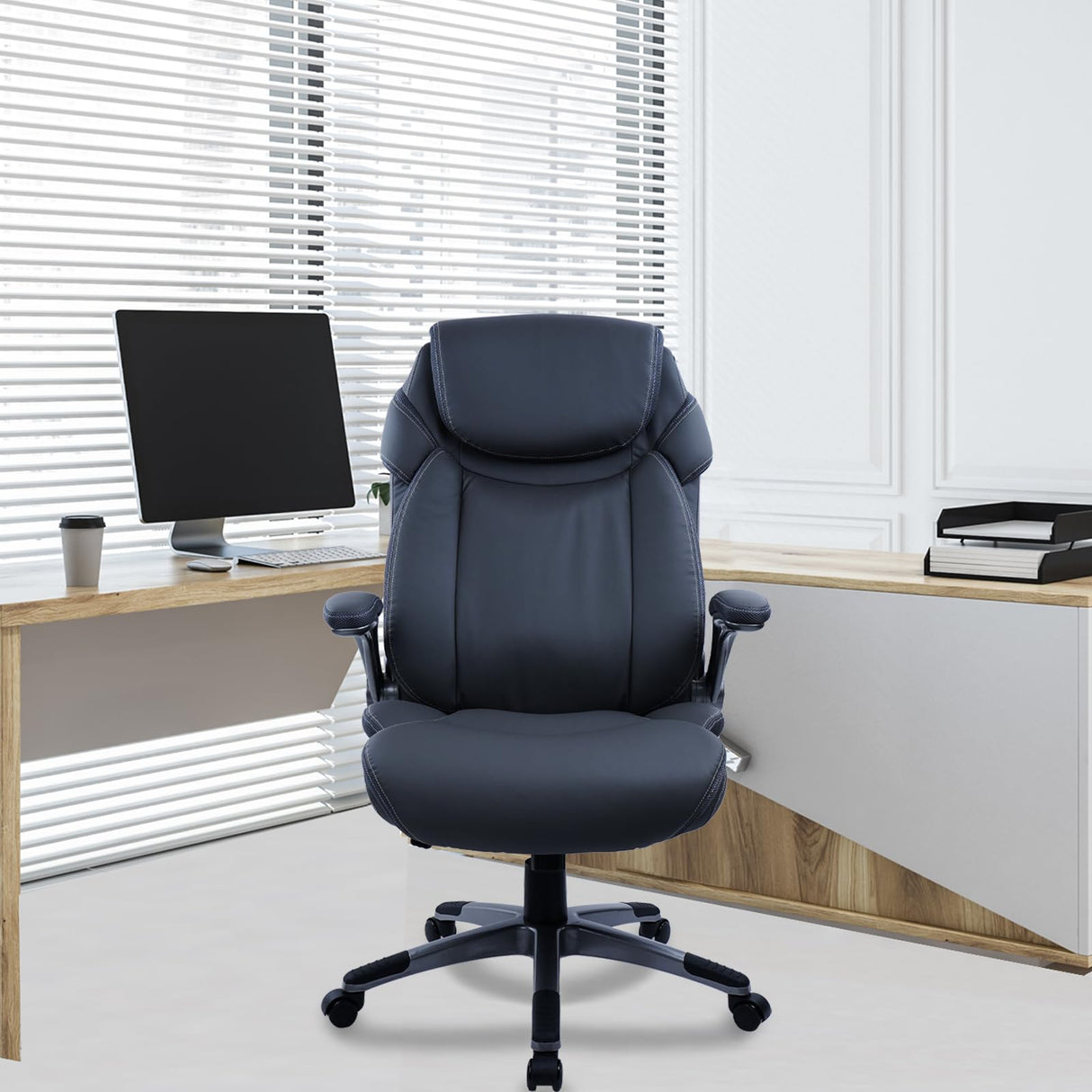 Ergonomic Office Chair Desk Chair with PU Leather High Back Flip-Up Arms Wheels,