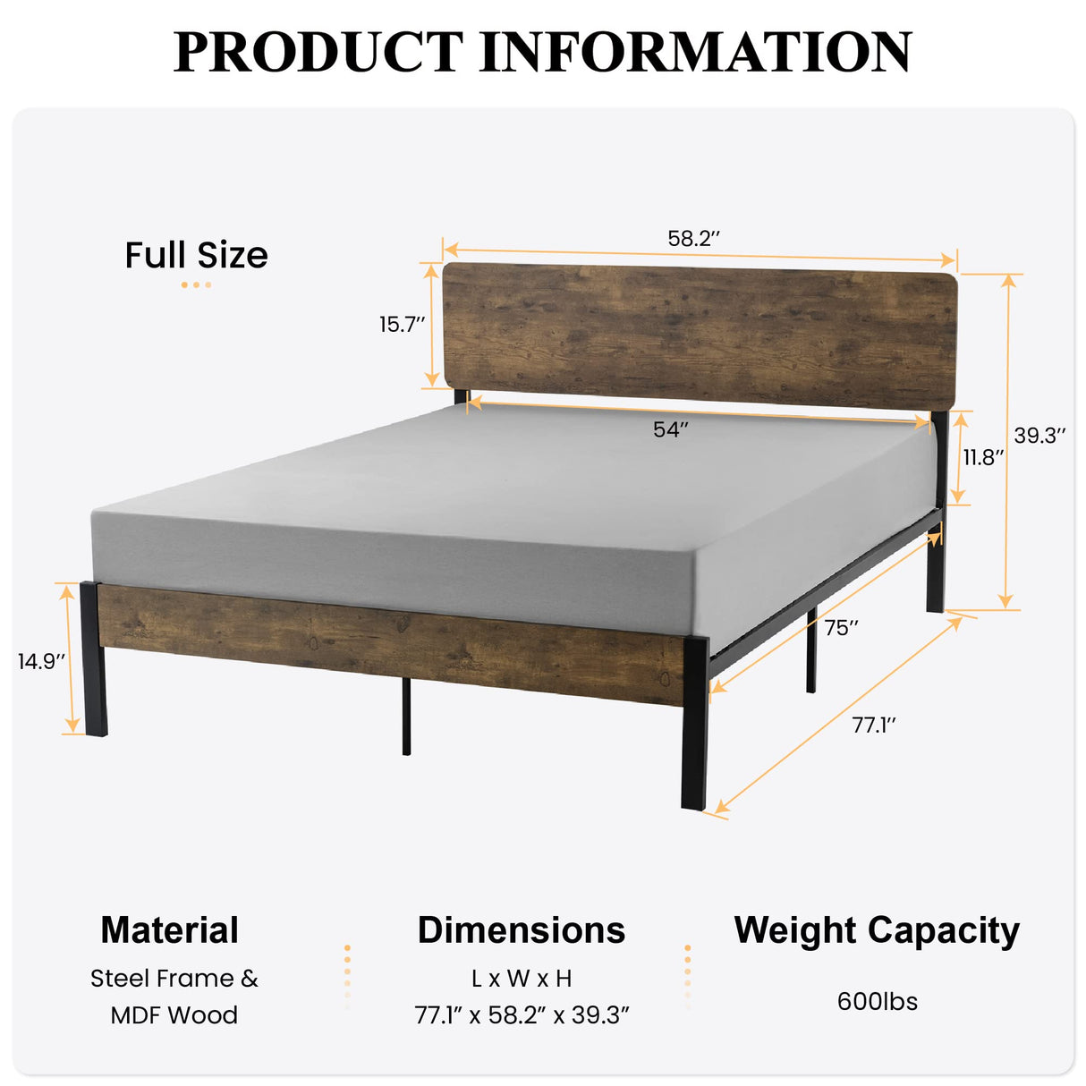 Full Size Metal Platform Bed Frame with Wooden Headboard and Footboard