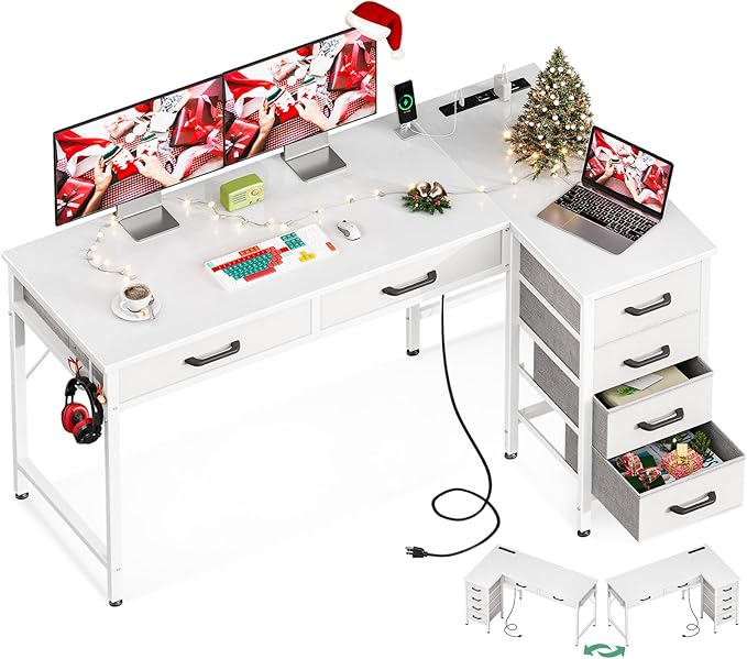 50 Inch L Shaped Desk with Drawers, Computer Desk with Power Outlets