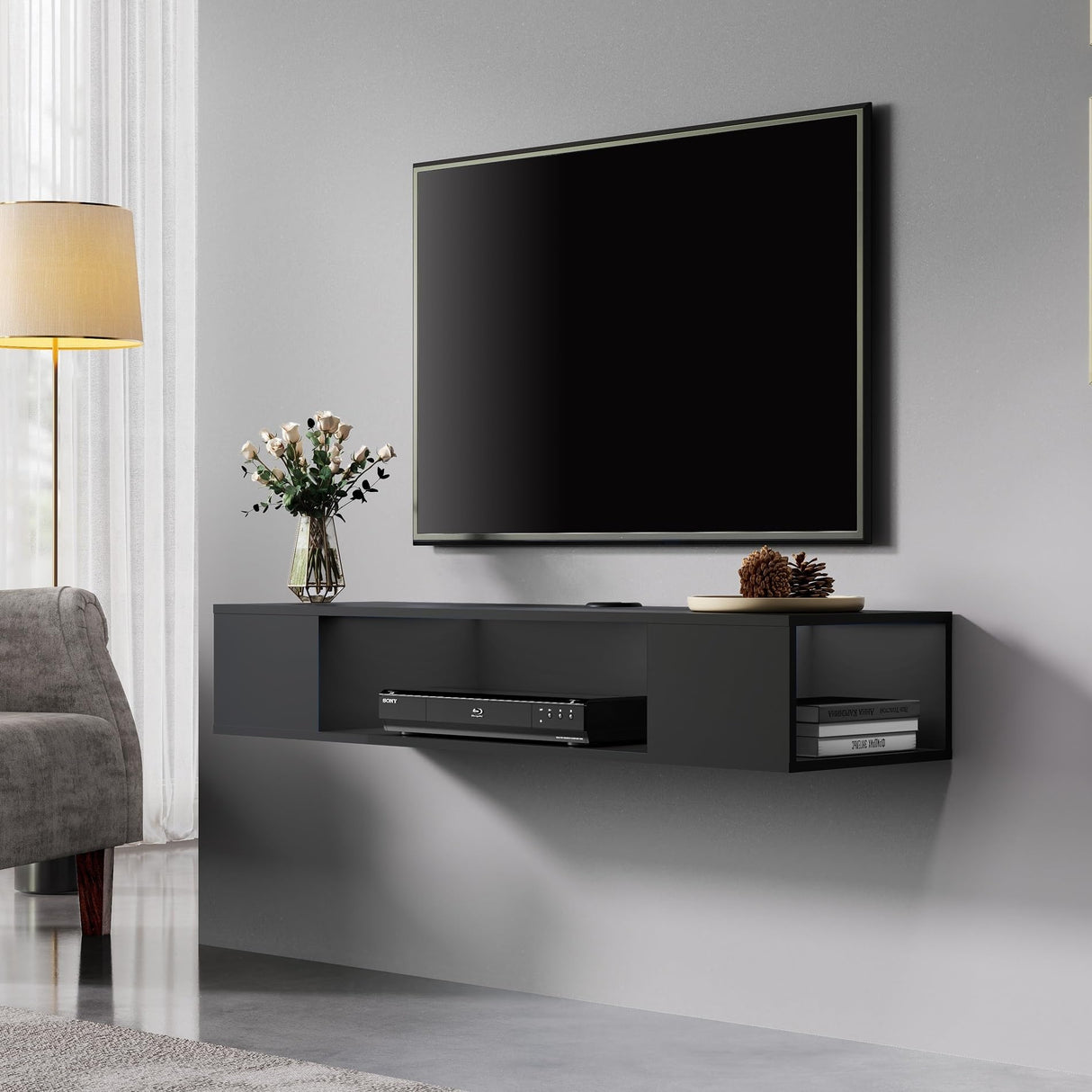 Black Floating TV Stand Wall Mounted, Floating Entertainment Center Wood Storage