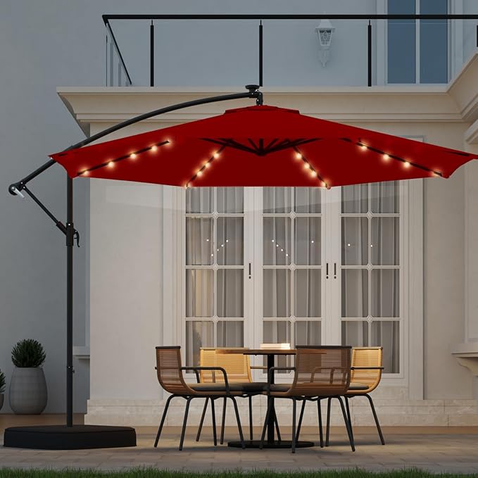 10ft Solar Lighted Patio Umbrella with Base Included, Outdoor Offset Cantilever Umbrella