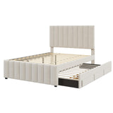 Bed Frame Full Size Linen Fabric Platform Bed Frame with Trundle and 3 Drawers, No