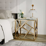 Square Glass End Table with Shelf Stainless Steel Structure, Modern Golden Nightstand