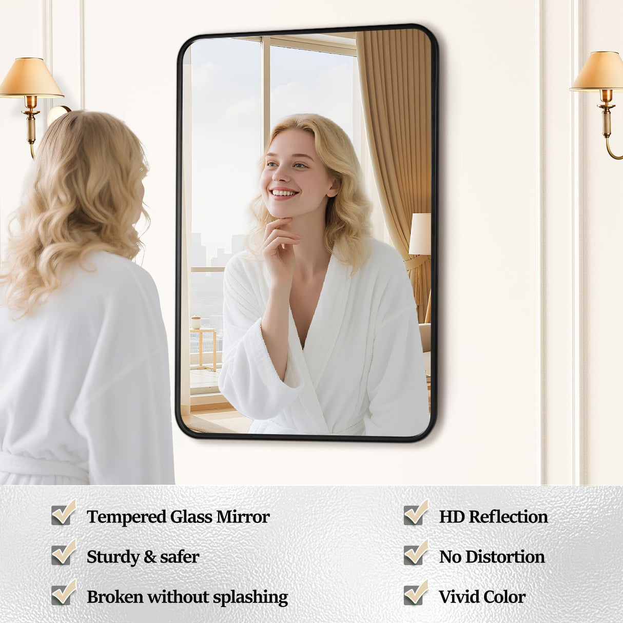 Black Metal Framed Bathroom Mirror 24x36 - Set of 2 Rounded Rectangle Vanity Mirrors