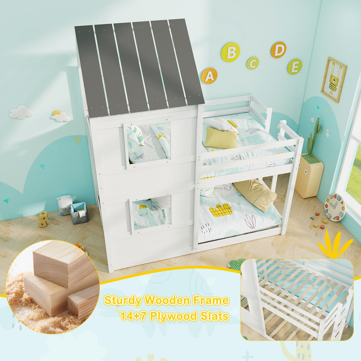 House Bunk Bed Twin Over Twin, Solid Wood Floor Bunk Bed with Built in Ladder