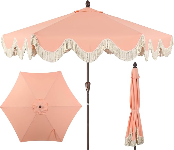 UMB1001G Collins 9 ft. Classic Cottage Tassel Market Patio Umbrella with Auto-Tilt