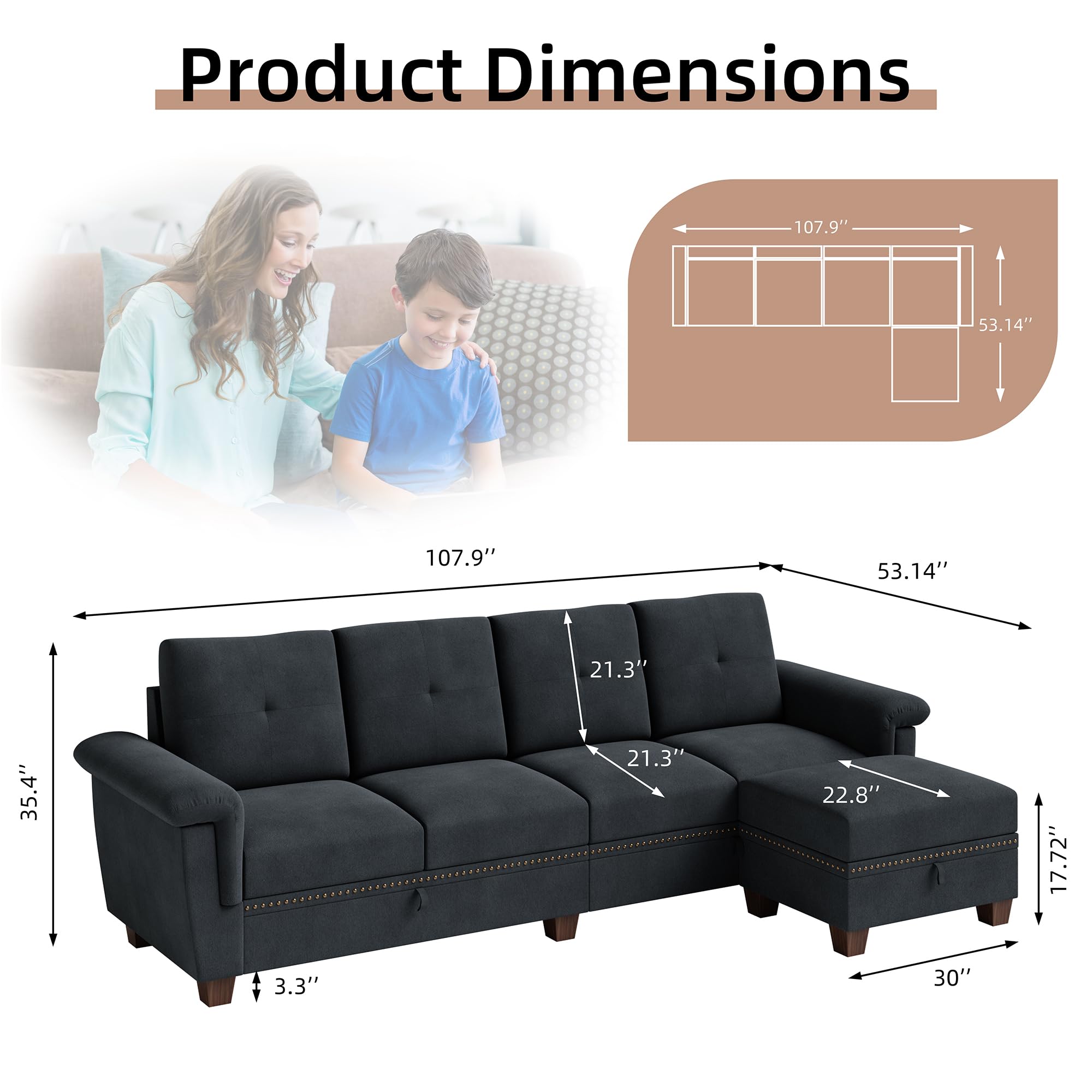 Jamfly 107" Convertible L-Shaped Sectional Sofa with Storage & Cup Holders