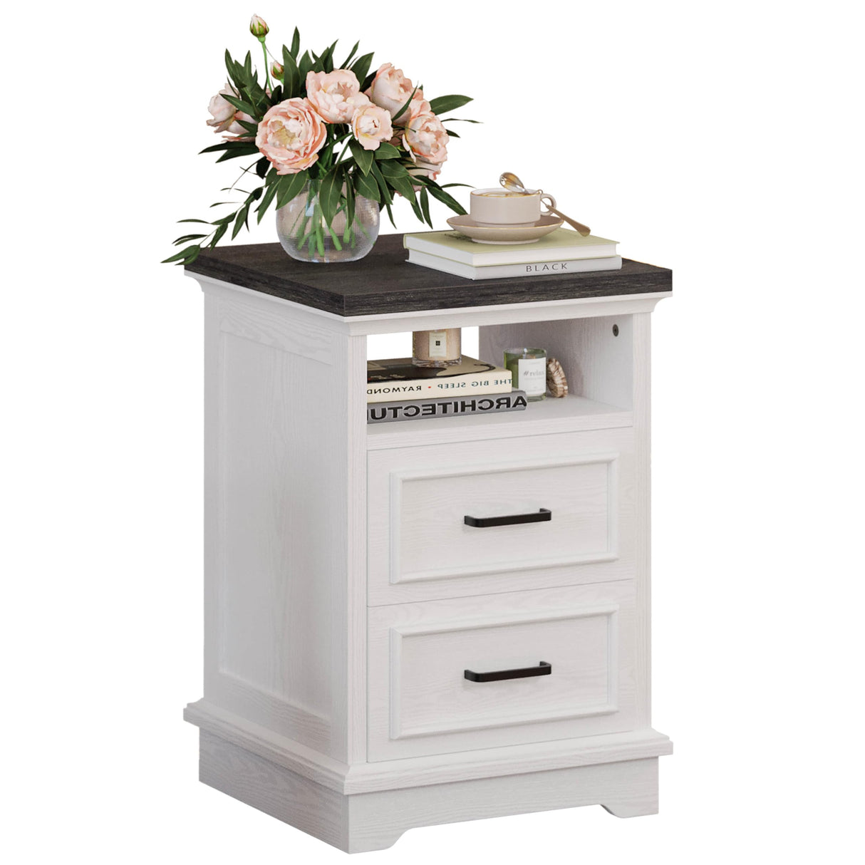 Farmhouse Nightstand with Storage Drawers and Open Shelf, Small End Tables Living Room,