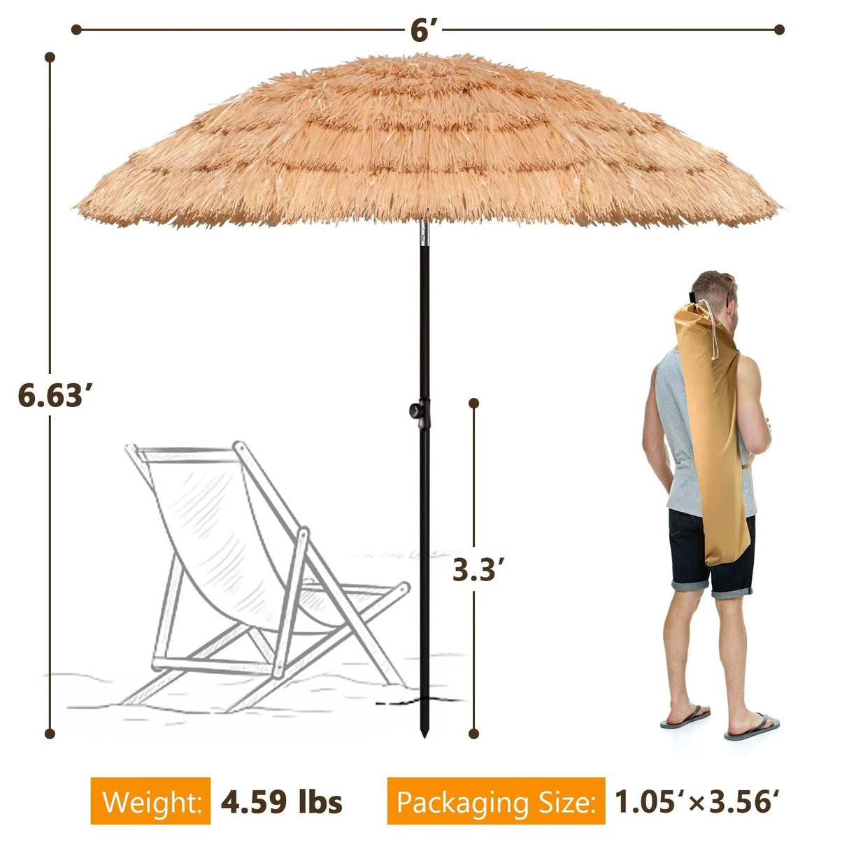 6ft Tiki Umbrellas for Outside, UV Protect Thatch Umbrella with Tilt Design