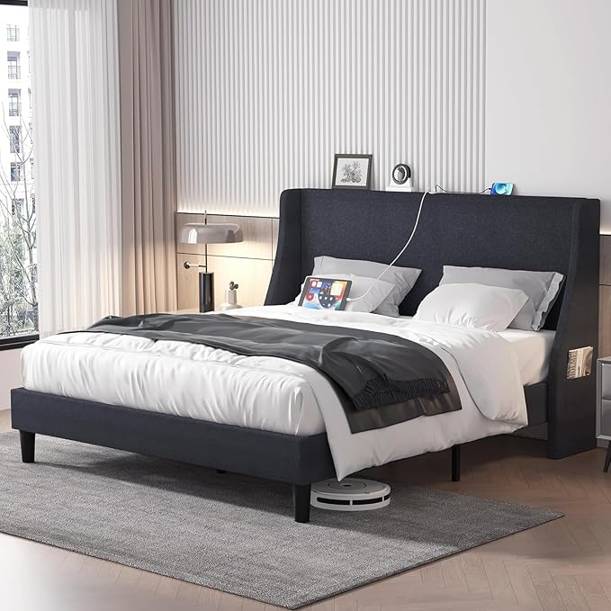 Full Bed Frame with Upholstered Wingback Headboard