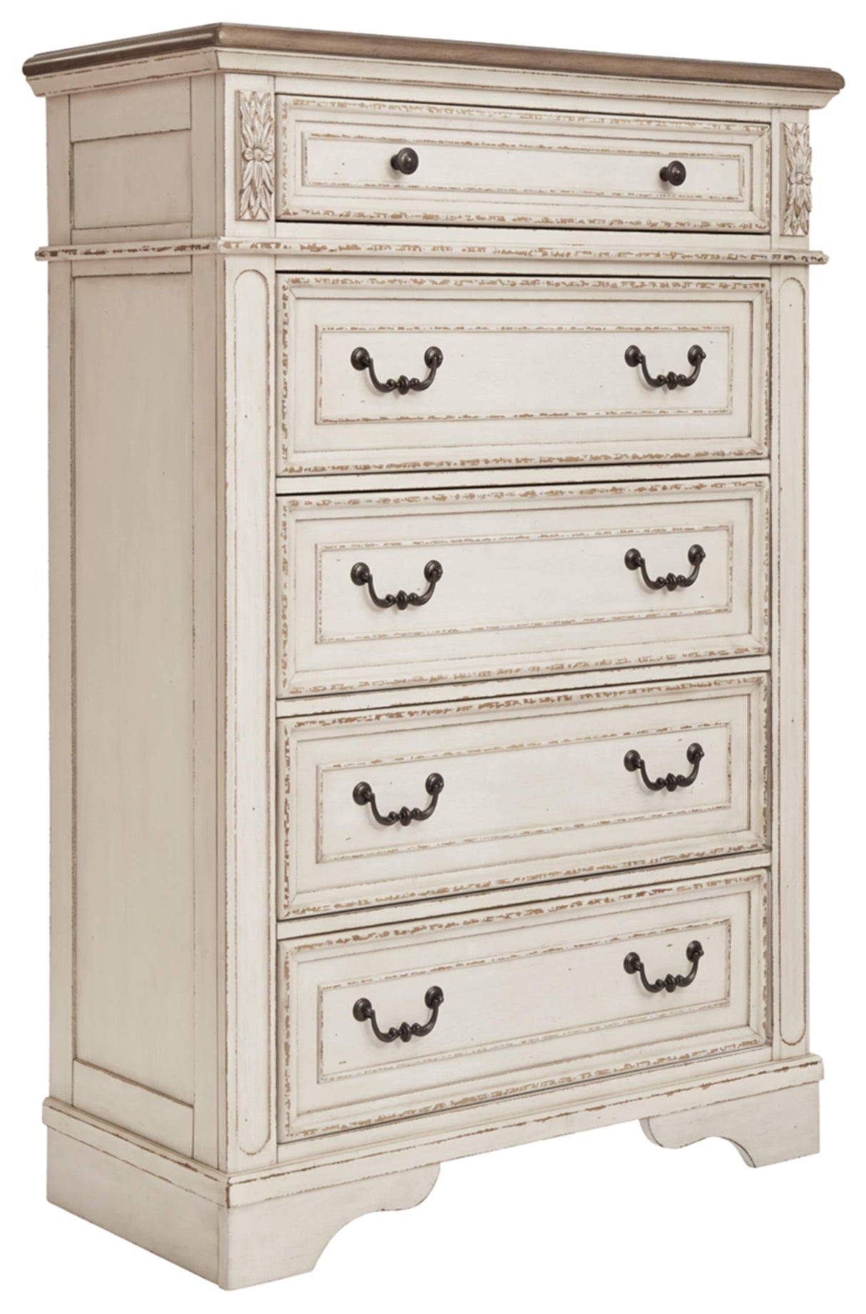 Realyn French Country Two Tone 5 Drawer Chest of Drawers, Chipped White