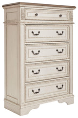 Realyn French Country Two Tone 5 Drawer Chest of Drawers, Chipped White