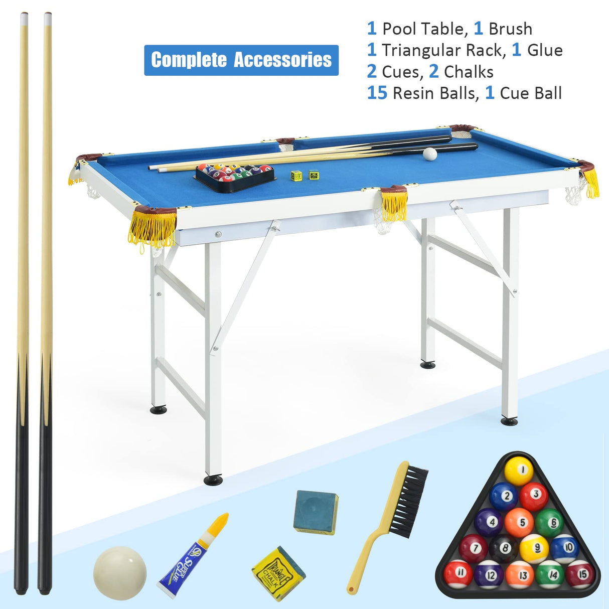 Folding Pool Table, Mini Pool Game Table with 2 Cue Sticks, 16 Balls, Triangle