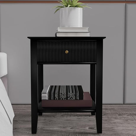 Fluted 3 Drawers Black Nightstand, Bedroom 24" Bed Night Stand, Side End Table Small