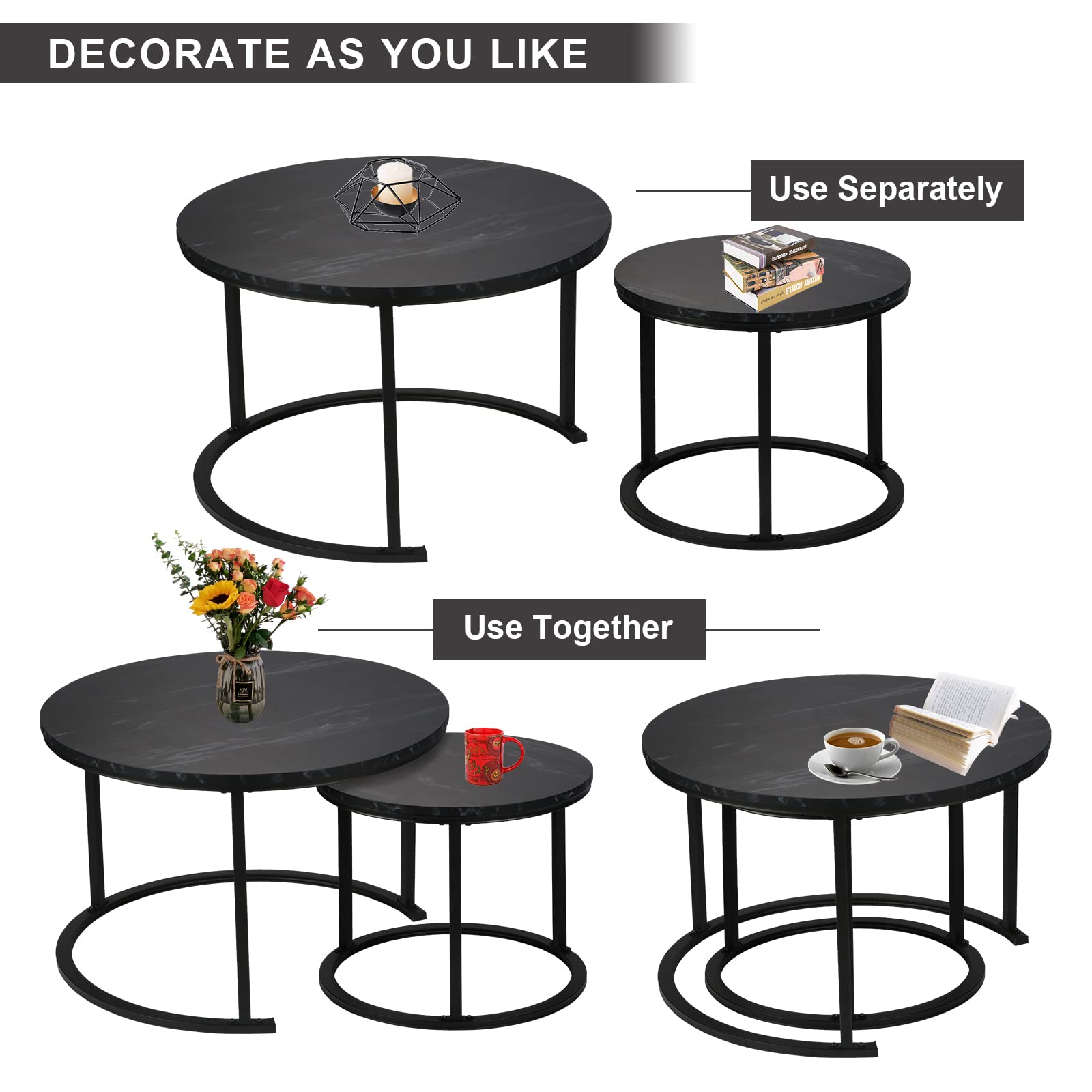 Round Modern Nesting Coffee Table Set of 2,Waterproof Faux Marble Wood Top