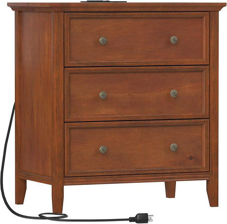 Nightstand with 3 Drawers and Charging Station, Solid Wood Dresser Organizer