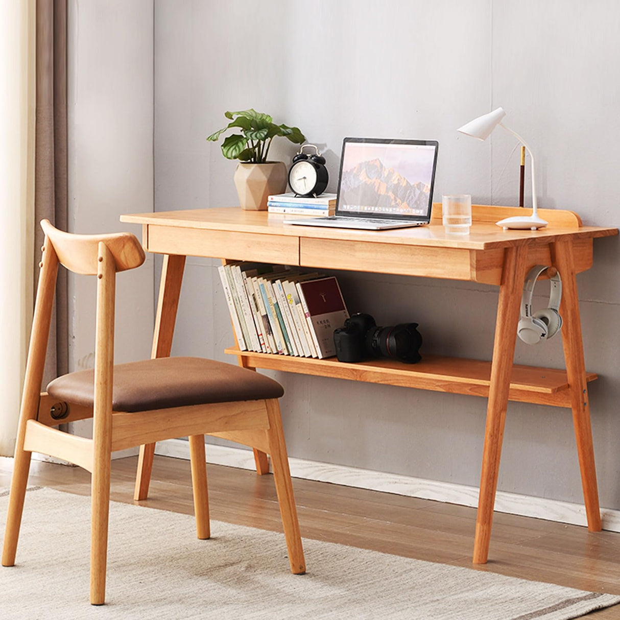 Wood Small Desk with 2 Drawers - Home Office Study Writing Table with Storage