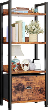 5 Tier Bookshelf with Drawer, Tall Narrow Bookcase with Shelves, Wood and Metal Book