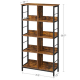 Industrial 8-Compartment Bookshelf, 4-Tier Bookcase with 8 Open Slots, Display Storage Rack, for Office, Living Room, Bedroom, 31.5 x 13 x 58.7 Inches, Rustic Brown and Black ULLS105B01