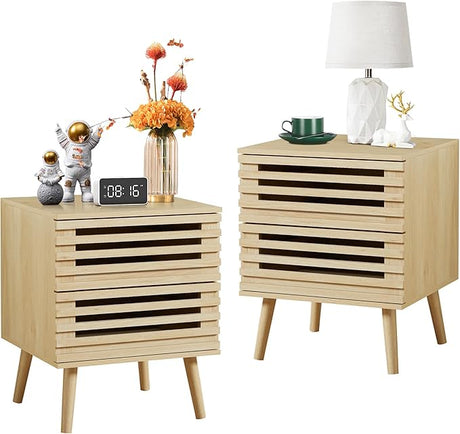 PHOYAL Rattan Nightstand Set of 2, End Table Rattan Bedside Table with Storage 3-Drawer Side Table