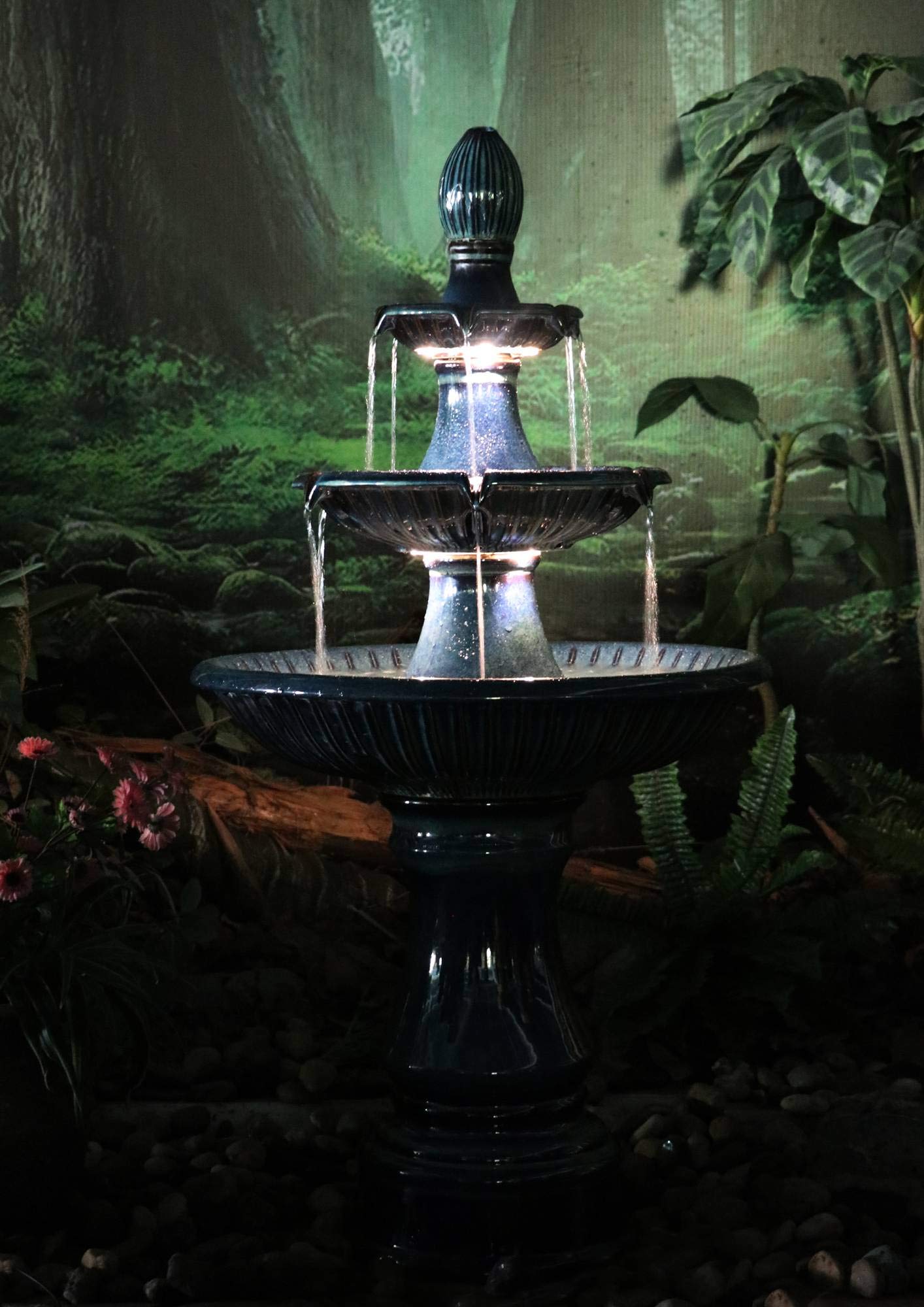 Modern Outdoor Cascading Floor Water Fountain with LED Light 3-Tier Teal Blue Ceramic 46"