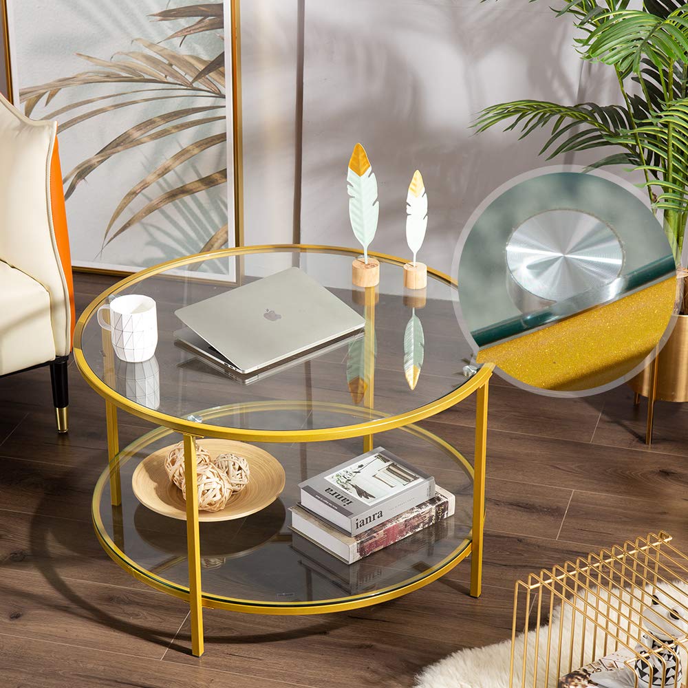 31.5" Round Coffee Table with Open Storage Shelf,2-Tier Temperred Glass Round Accent