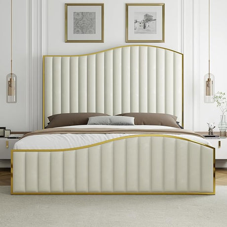 Queen Size Harp Bed Frame, Velvet Upholstered Platform Bed with 61.4" Vertical Channel