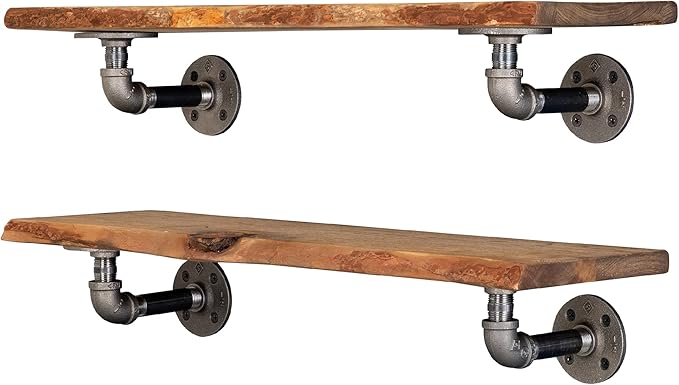 36” Sunset Cedar Live Edge Wood Shelf with Industrial L-Shaped Pipe Brackets (2-Pack)