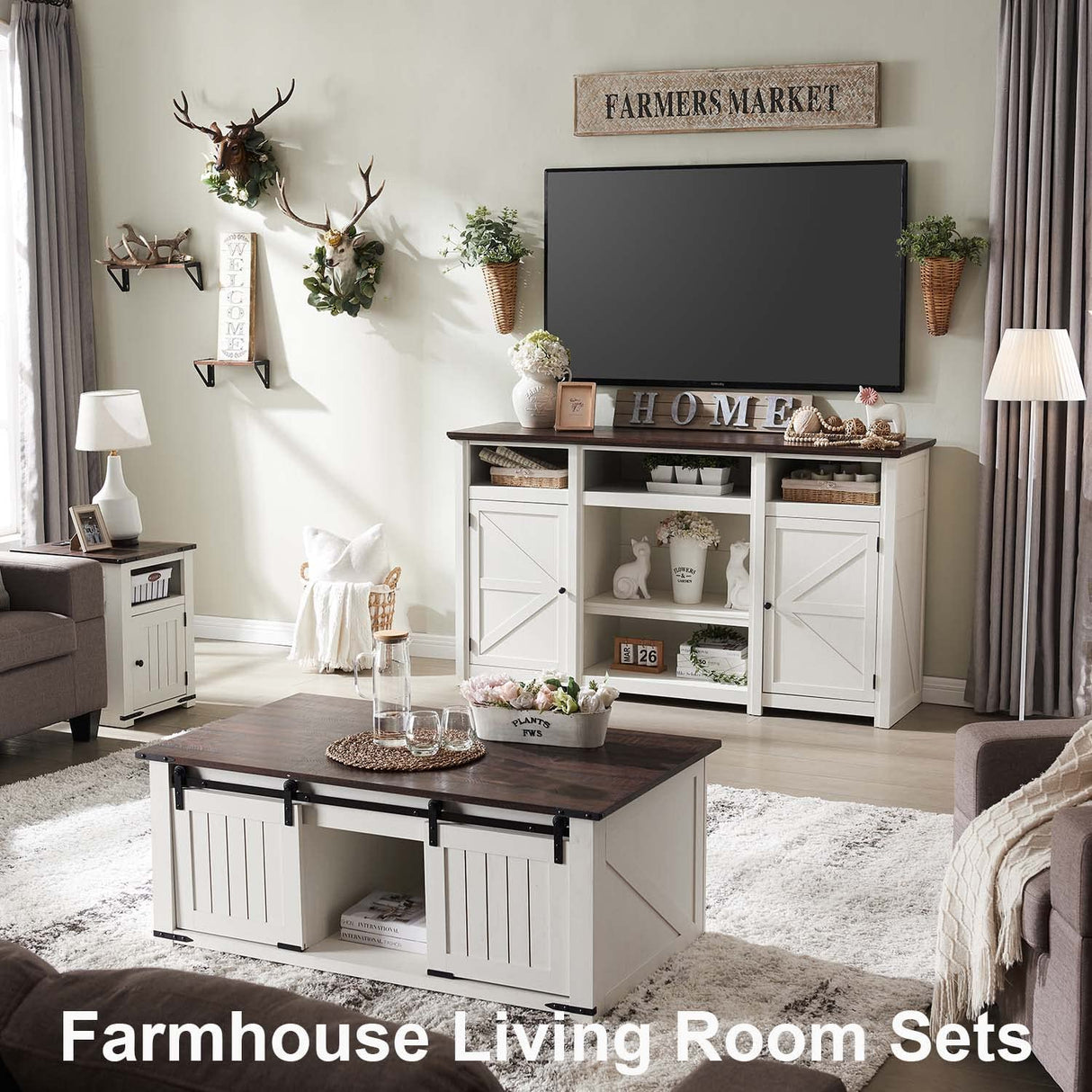 Farmhouse TV Stand for TVs Up to 80 inches, 39" Tall Highboy Entertainment Center